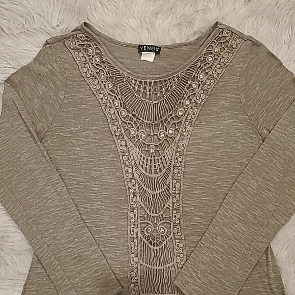 Venus womens dark green cotton long sleeve shirt with beaded and lace front - Picture 2 of 4